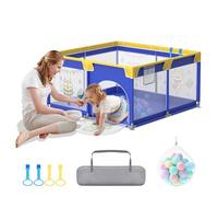 YUENFONG Parc pour bébé avec 50 balles océaniques et 4 anneaux de traction, base antidérapante, bleu avec motif animal, 127 x 127 x 68 cm