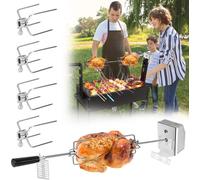 YUENFONG Tournebroche en acier inoxydable, Set de tournebroche de haute qualité avec Moto 220V - 240V, incl. 4X fourchettes à viande, Rotisserie en acier inoxydable,Tournebroche, Argent