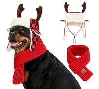 YUEPET Lot de 2 chapeaux et écharpe réglables en forme de bois de cerf de Noël pour chien - Costume de Noël doux pour animal domestique - Écharpe tricotée rouge - Cache-cou d'hiver pour chiens de