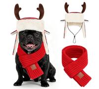 YUEPET Lot de 2 chapeaux et écharpe réglables en forme de bois de cerf de Noël pour chien - Costume de Noël doux pour animal domestique - Écharpe tricotée rouge - Cache-cou d'hiver pour chiens de
