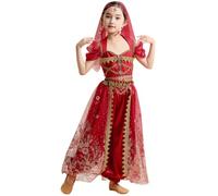 Yuetide 4PCS Fille Ensembles de Danse Orientale Pantalons Haute Vêtement de Princesse Jasmine Fille Aladdin Princesse Anniversaire Fête Rouge 3-5 ans