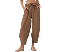 Yuetide Pantalon Femme 7/8 Taille Elastique Pantalon Été Fluide Taille Haute Casual avec Poches Café XXL