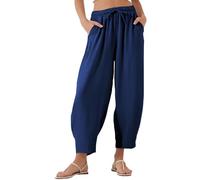 Yuetide Pantalon Femme Été 7/8 Taille Elastique Pantalon Large Fluide Décontracté avec Poches Taille Haute Bleu Foncé L