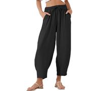 Yuetide Pantalon Femme Été 7/8 Taille Elastique Pantalon Large Fluide Décontracté avec Poches Taille Haute Noir XXL