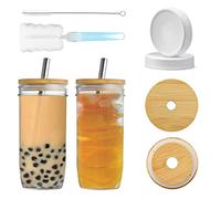 YUEYEE Bocaux en Verre Avec Couvercles et Pailles Avec Couvercles en Bambou,Pailles en Métal Hermétiques Réutilisables pour Bubble Tea Cup,Verre 2 Pack 680ml