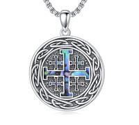 YueYuan Collier avec croix de Jérusalem pour homme en argent sterling 925 avec pendentif en forme de croix en abalone - Collier chrétien - Bijoux religieux - Cadeau d'amulette talisman - Cadeau