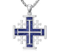 YueYuan Collier avec pendentif en forme de croix de Jérusalem en argent sterling 925 avec lapis lazuli - Croix religieuse gothique chrétienne - Cadeau pour homme et femme
