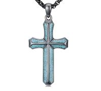YueYuan Collier en forme de croix pour homme en argent sterling 925 avec pendentif en forme de croix turquoise, collier de foi chrétienne, bijou de protection religieuse, cadeau d'anniversaire pour