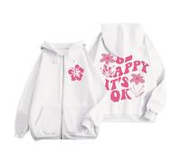 YueYue Cardigans pour femmes et sports d'hiver avec poche zippée ample décontracté à capuche imprimé lettres, blanc, M