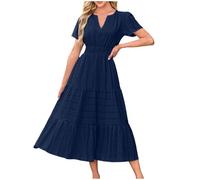YueYue Robe d'été décontractée pour femme - Couleur unie - Col en V - Manches courtes - Taille élastique - Doublure - Jupe décontractée avec poches, bleu marine, L