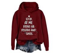 YueYue Sweat à capuche à manches longues avec fermeture éclair pour femme - Sweatshirt décontracté imprimé Père Noël à manches longues, rouge brique, M