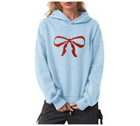 YueYue Sweat à capuche léger à manches longues pour femme - Imprimé nœud surdimensionné - Manches longues - Polaire - Décontracté - Pull à capuche tendance pour l'automne, bleu ciel, M