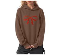 YueYue Sweat à capuche léger à manches longues pour femme - Imprimé nœud surdimensionné - Manches longues - Polaire - Décontracté - Pull à capuche tendance pour l'automne, café, XXL