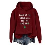 YueYue Sweat à capuche pour femme - Style décontracté - Imprimé Père Noël - Manches longues, bordeaux, XL