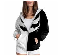 YueYue Sweat à capuche zippé uni pour femme avec poche imprimée Halloween, Noir , XL