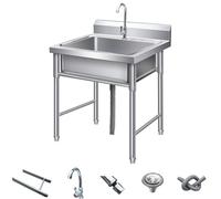 Yuezouikl Commercial Plonge INOX,1 Bac Evier Cuisine Exterieure Évier Multifonction avec Robinet, Support Et Pieds De Réglage du Support pour Intérieur Et Extérieur, Cuisine,Garage,60 * 60 * 80CM