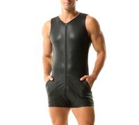 YUFEIDA Maillot de corps une pièce en similicuir pour homme - Justaucorps de lutte - Combinaison décontractée - Poches zippées - Sans manches - Effet mouillé - Pour homme, Noir , M