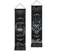 Yugarlibi Lot de 2 tapisseries murales motif tête de mort et phases de lune - Noir - Mauvais œil - Steleton - Vague - Montagne - Décoration d'intérieur pour chambre à coucher, salon, dortoir, maison -