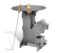 Yugodex Poêle à fusée avec plaque de cuisson Rocket stove, 2 pieds supplémentaires et crochet de feu, poêle à bois, barbecue, camping, barbecue de camping, poêle à fusée en acier au carbone de 3 mm