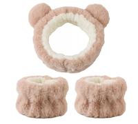 YUGSHNKFC 1 ensemble élastique pour femme - Bandeau de douche et bracelet en peluche avec oreilles d'ours - Pour le lavage du visage - Bandeau de maquillage à la maison