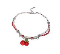 YUGSHNKFC Collier ras du cou en forme de cerises fruitées pour femmes et filles - Perles rouges et blanches - Fait à la main