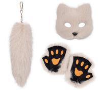 YUGSHNKFC Ensemble d'Halloween pratique pour femme avec couvre-visage de renard réalistes, gants confortables et pendentif queue porte-clés