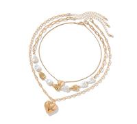 YUGSHNKFC Lot de 3 colliers ras du cou en fausses perles avec pendentif en forme de cœur multicouches réglable pour femme, Chaîne en cuivre + chaîne en fer + CCB + perles d'imitation