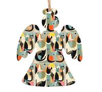 YUGTAEE Décoration de Noël en bois en forme d'ange - Art moderne du milieu du siècle - Chat imprimé à suspendre