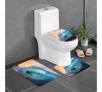 YUGTAEE Ensemble de tapis de sol 3 pièces avec impression vague bleu océan absorbant l'eau et antidérapant pour salle de bain, toilettes et cuisines