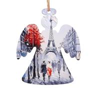 YUGTAEE Lot de 2 décorations de Noël en bois en forme d'ange, arbre de la ville de Paris, Tour Eiffel, Art imprimé à suspendre
