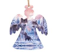 YUGTAEE Lot de 4 décorations de Noël en bois en forme d'ange, motif famille de loups imprimées à accrocher aux arbres de Noël