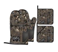 YUGTAEE Lot de 4 maniques et maniques imprimées d'engrenages mécaniques steampunk pour four, micro-ondes et barbecue en extérieur