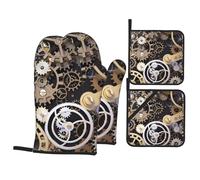 YUGTAEE Lot de 4 maniques et maniques imprimées d'engrenages mécaniques steampunk pour four, micro-ondes et barbecue en extérieur
