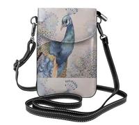 Yugtaee Petit sac à main pour téléphone portable 19,3 x 12,4 cm, beau motif paon imprimé paon étui à rabat en cuir pour femme, parfait pour la marche, le camping, noir