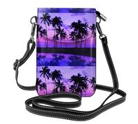 Yugtaee Petit sac à main pour téléphone portable 19,3 x 12,4 cm, motif palmier violet coucher de soleil imprimé, étui à rabat en cuir pour femme, parfait pour la marche, le camping