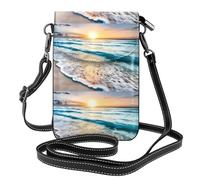 Yugtaee Petit sac à main pour téléphone portable 19,3 x 12,4 cm, motif plage, coucher de soleil, océan, étui à rabat en cuir pour femme, parfait pour la marche, le camping