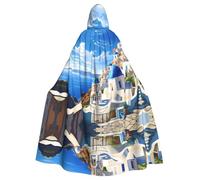 YUGTAEE Santorini Cape à capuche imprimée île grecque avec vue sur la mer pour adultes pour jeux de rôle, costumes de scène, fêtes facile d'entretien