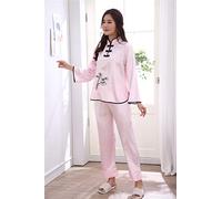 YUHOOE Femme Pyjamas Satin,Sexy Rose Style Chinois Femme Pyjama Rayonne Ensemble À Manches Longues Nouveauté Broderie Pyjamas Costume Fille Salon Maison Porter des Vêtements De Nuit M-XXL, Rose, L