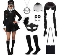 YuhoWon 7Pcs Deguisement Halloween Fille Femme, Wednesday Costume Carnaval Accessoires de Cosplay Gothique Noir pour Avec Collier, Masque, Perruque, Boucles d'Oreilles, Sac Et Chaussettes