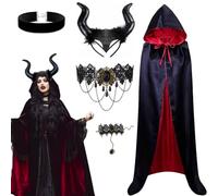YuhoWon Costume d'Halloween Maléfique pour femme - Costume gothique diable - Cornes de démon avec cape, ras-du-cou, colliers et bracelet - Noir