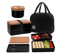 Yuhtech Boîte à bento japonaise à 2 niveaux, boîte à bento avec compartiments, récipient à soupe avec couverts, cuillère, couteau, fourchette et sac isotherme (noir)