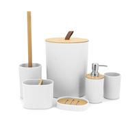 Yuhtech Lot de 6 accessoires de salle de bain en bambou avec distributeur de savon, porte-brosse à dents, poubelle et brosse WC (blanc)