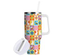 Yuiboo Bee Floral Gobelet sous vide de 1200 ml avec couvercle et paille - Bouteilles d'eau réutilisables avec poignée pour enfants, pour la maison, le bureau ou la voiture