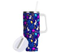 Yuiboo Easter Bunny - Gobelet isotherme sous vide - Avec paille - En acier inoxydable - Réutilisable - Avec poignée - Pour eau, thé glacé ou café - Bleu foncé