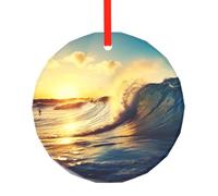 yujhopp Décoration en verre imprimé coucher de soleil sur la mer et le surf - Pendentif rond pour sapin de Noël - Décoration de vacances en plein air pour fête, Noël, mariage