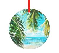 yujhopp Décoration en verre imprimé sur le thème des plantes de plage tropicales, pendentif rond pour sapin de Noël, décoration de vacances en plein air pour fête, Noël, mariage