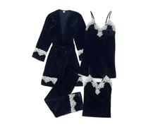 YUJIEBB Vêtements de nuit dorés pour femme Printemps Automne Rayures Sexy Strap Accueil Vêtements Ensemble à Manches Longues Col en V Home Suit, noir foncé, XXL