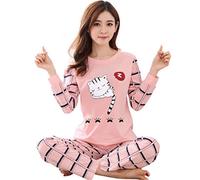 Yujun Ensembles de Pyjama Femme Kawaii imprimé Chat Motif rayé Chemise à Manches Longues col Rond + Pantalon Long Pyjama Costume d'intérieur Deux pièces