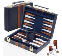 YUJUVI Backgammon Set Bois Valise 28cm Complet Accessoires Étui Cuir (Bleu) | Jeu De Backgammon Premium avec Étui en Cuir de Qualité Supérieure et kit de Backgammon de Voyage Portable
