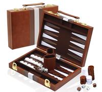 YUJUVI Backgammon Set Bois Valise 28cm Complet Accessoires Étui Cuir (Brun) | Jeu De Backgammon Premium avec Étui en Cuir de Qualité Supérieure et kit de Backgammon de Voyage Portable